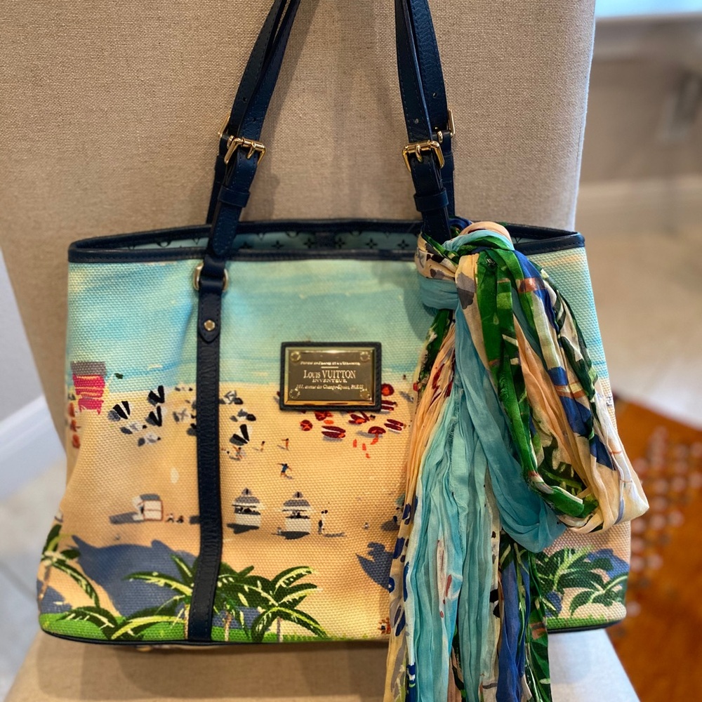 Louis Vuitton Blue and Green Tote Bag with Playful Scarf Accent